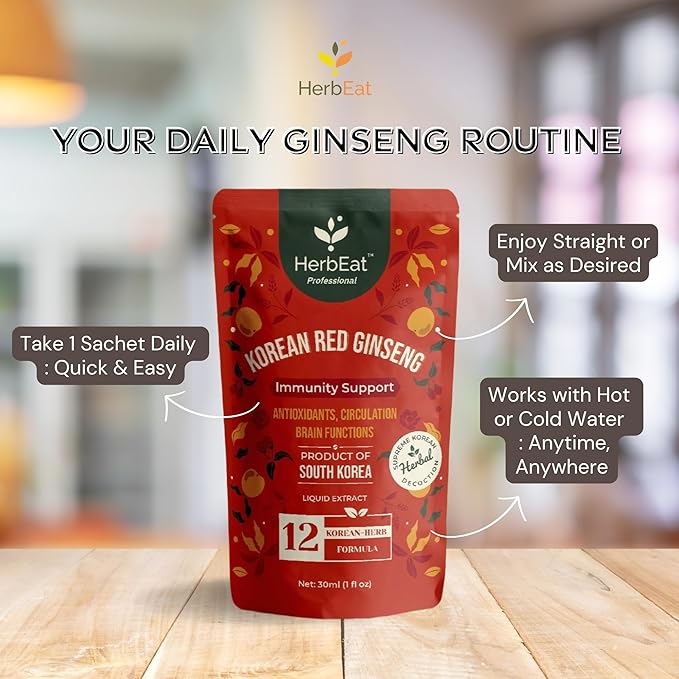 Korean Red Ginseng Prime Extract with 11mg Ginsenosides - Boost Energy, Memory & Immunity, 6-Year-Old Ginseng Drink for Circulation & Skin -5 Pouches (30mL*5)