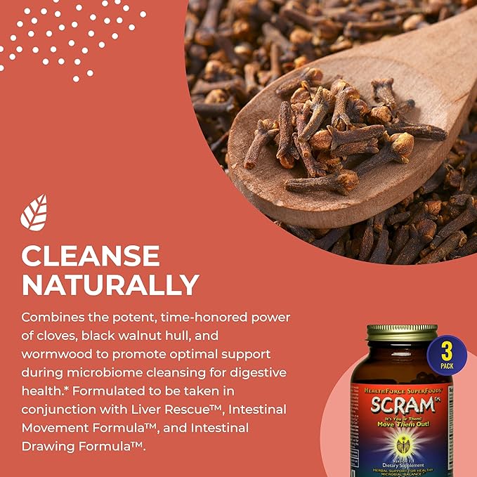 HealthForce SuperFoods Scram - Herbal Supplement with Milk Thistle, Wormwood & Black Walnut - Digestion Support Capsules - 150 Vegan Capsules (Pack of 3)