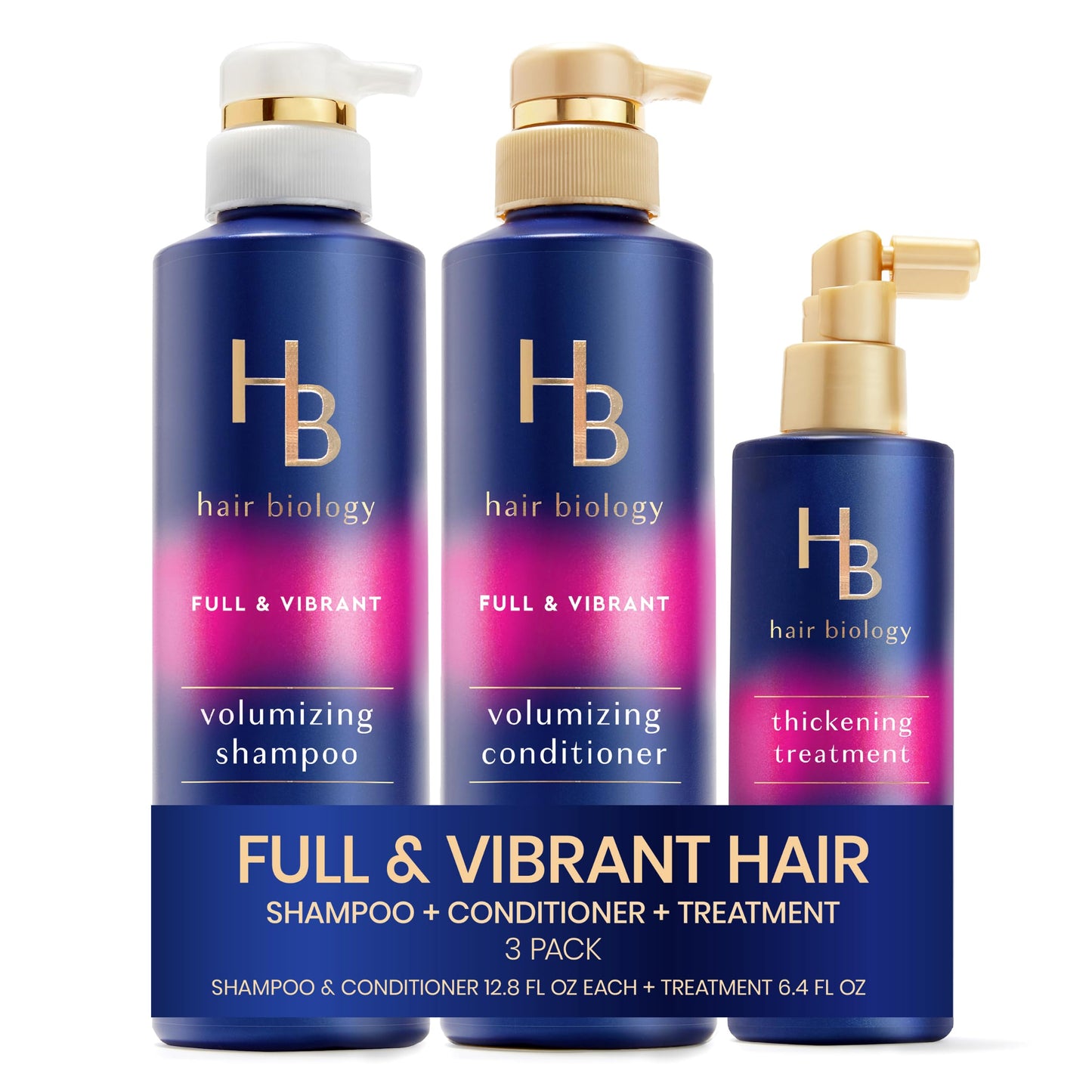 Hair Biology Full & Vibrant Set Including: Volumizing Shampoo (12.8 Fl Oz), Conditioner (12.8 Fl Oz) & Thickening Treatment (6.4 Fl Oz), for Thin or Fine Hair, Biotin Infused, Paraben-Free, Color-Safe