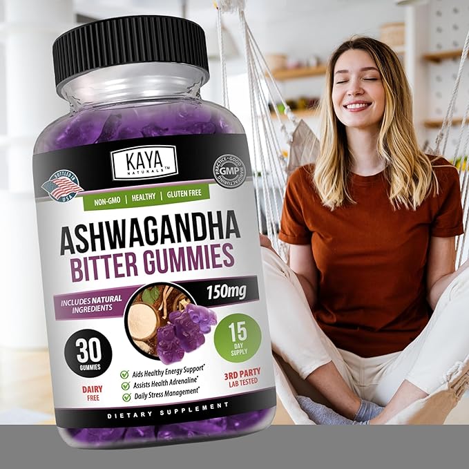 Kaya Naturals Ashwagandha Bitter Gummies - Natural Stress Relief, Boost Energy & Mental Clarity, Non-GMO, Gluten-Free, Chewable Gummies - 30 Count