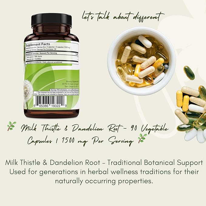 Cardo Mariano reforzado con diente Leon (Milk Thistle Reinforced with Milk Thistle) 90 Vegetable Capsule 1500 mg per Serving, Root Liver Health Support, Antioxidant Support, 100% Natural, Made in USA