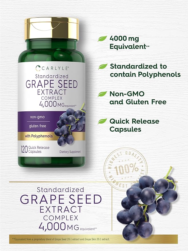 Carlyle Grape Seed Extract 4,000mg | 120 Quick Release Capsules | Standardized Extract Complex with Polyphenols | Non-GMO, Gluten Free Supplement