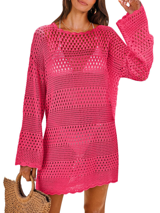 ANRABESS Women Swimsuit Crochet Swim Cover Up 2024 Summer Bathing Suit Swimwear Mesh Knit Beach Dress Vacation Outfits Rose Small