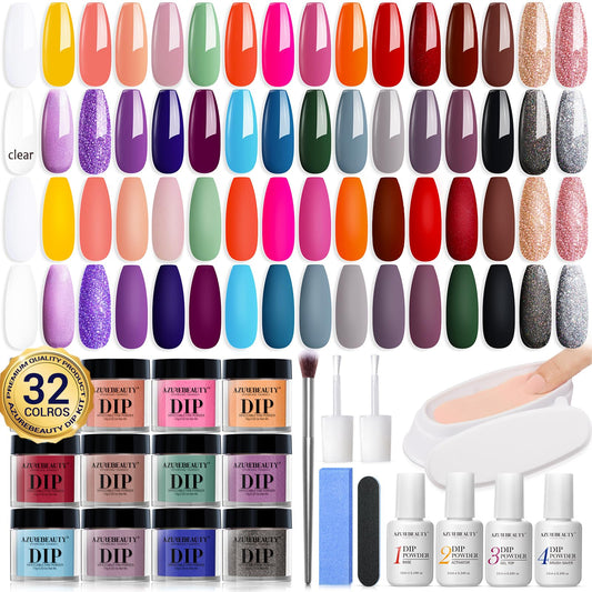 AZUREBEAUTY Dip Powder Nail Kit - 32 Colors, All Season Color Series Starter Kit - Dip System Essential Liquid, Recycling Tray Set for French Nail Art Manicure Salon DIY Home