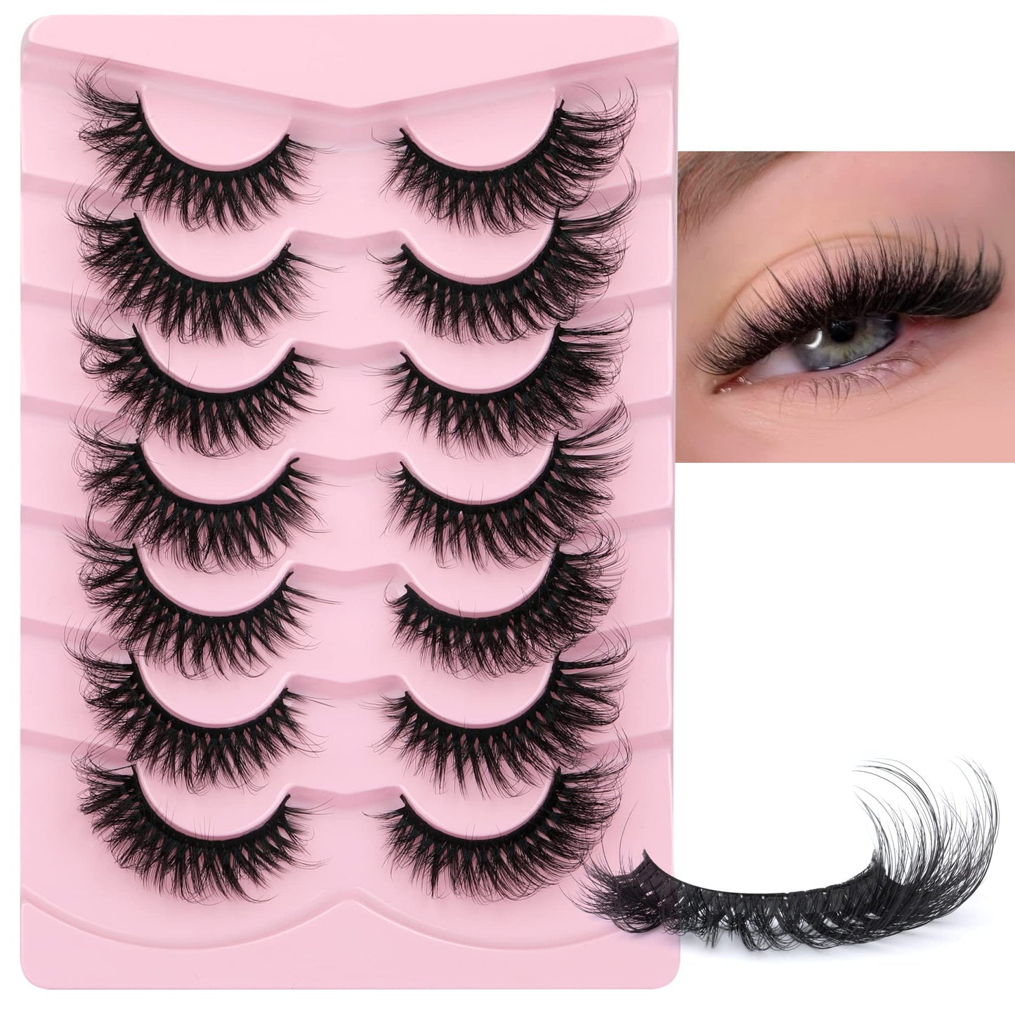JIMIRE Mink Lashes Fluffy Cat Eye Natural False Eyelashes Volume Wispy Faux Mink Lashes Fox Eye Crossed 16MM Fake Lashes Look Like Eyelash Extensions Pestañas 7 Pairs Pack