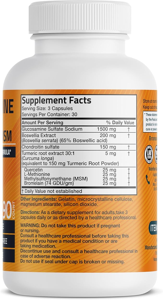 Bronson Glucosamine Chondroitin Turmeric & MSM Advanced Joint & Cartilage Formula, Supports Healthy Joints, Mobility & Cartilage - Non-GMO, 90 Capsules
