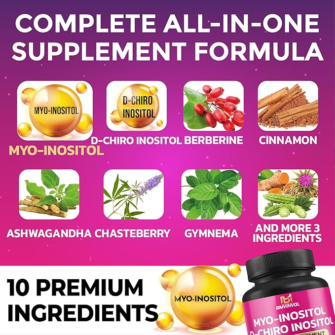 BMVINVOL Inositol Supplement - Myo-Inositol and D-Chiro Inositol Ideal 40:1 Ratio - Plus Berberine, Cinnamon, Ashwagandha + 5 More - 30 Capsules