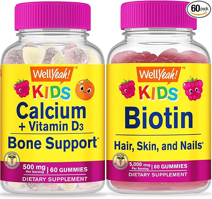 Calcium + Vitamin D3 Kids + Biotin Kids, Gummies Bundle - Great Tasting, Vitamin Supplement, Gluten Free, GMO Free, Chewable Gummy