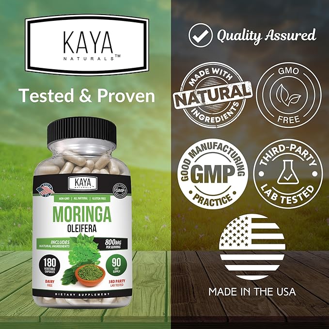 Kaya Naturals Moringa Leaf Extract - Complete Greens Superfood Supplement - Pure Miracle Tree Moringa - Boost Energy Naturally - Nutrient Dense Vitamins for Adult - 180 Veggie Count