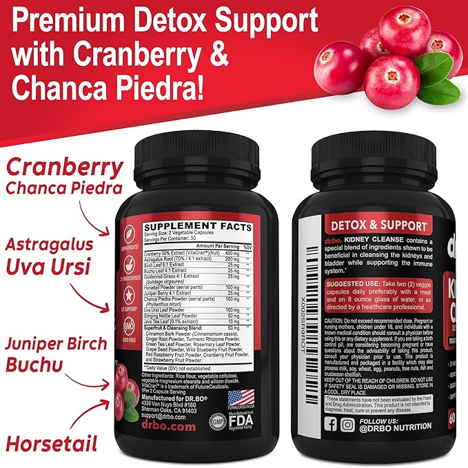 Kidney Cleanse Detox Support Supplement - Natural Cranberry, Juniper Berries, Buchu & Uva Ursi Extract to Support Kidneys, Bladder & Urinary Tract Health Supplements - Herbal Renal Blend Formula Pills