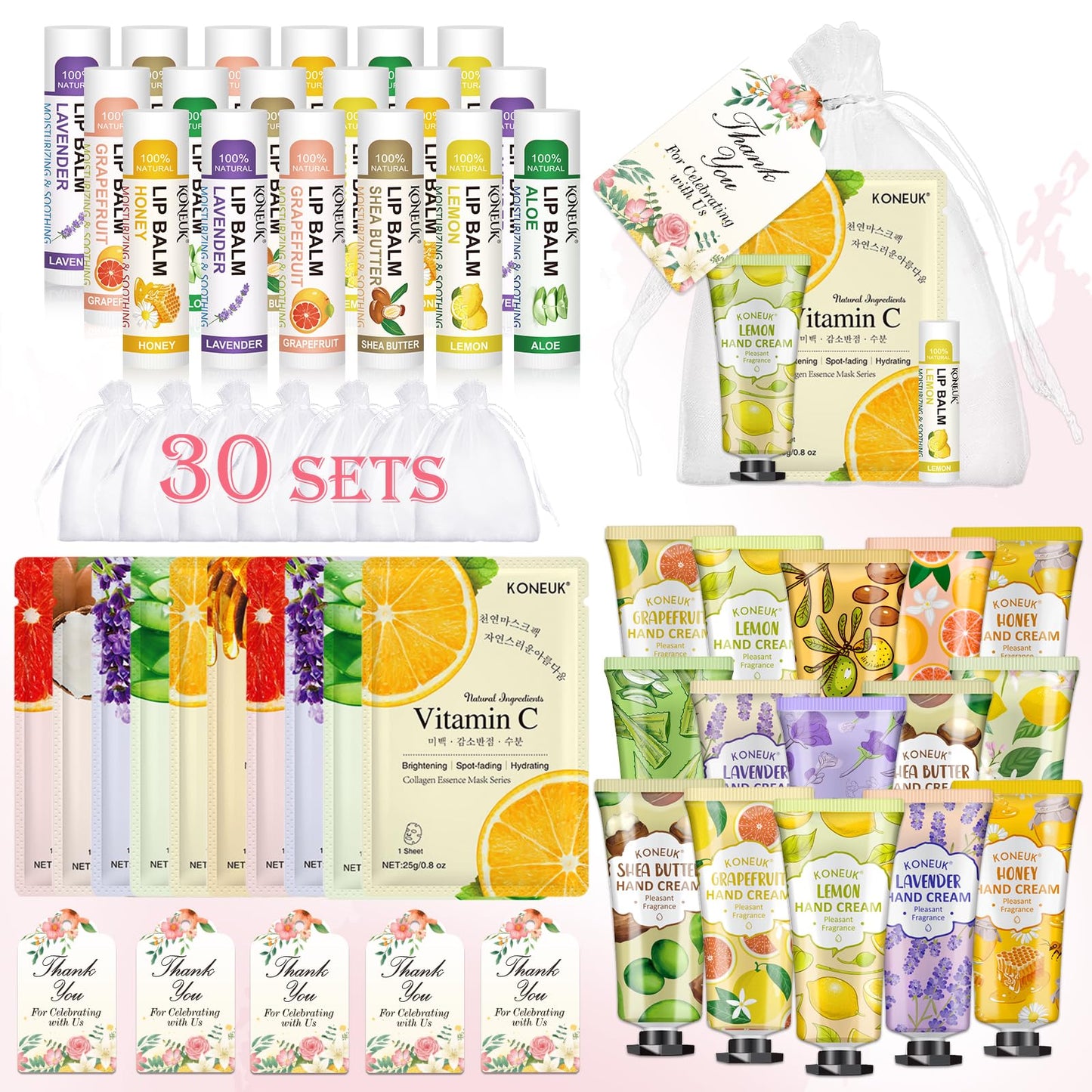 KONEUK 30 Pack Bulk Facial Mask, Bulk Hand Cream and Bulk Lip Balm Sets, Easter Basket Stuffers, Bridal Shower Favors and Baby Shower Party Favors for Guests, Thank You Gifts for Coworkers Women