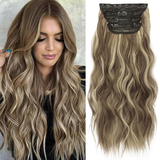 KooKaStyle Clip in Synthetic Highlight Hair Extensions Long Wavy 4PCS Thick Hairpieces Medium Brown Ash Blonde Fiber Double Weft Natural Hair Extensions 20 Inch for Women