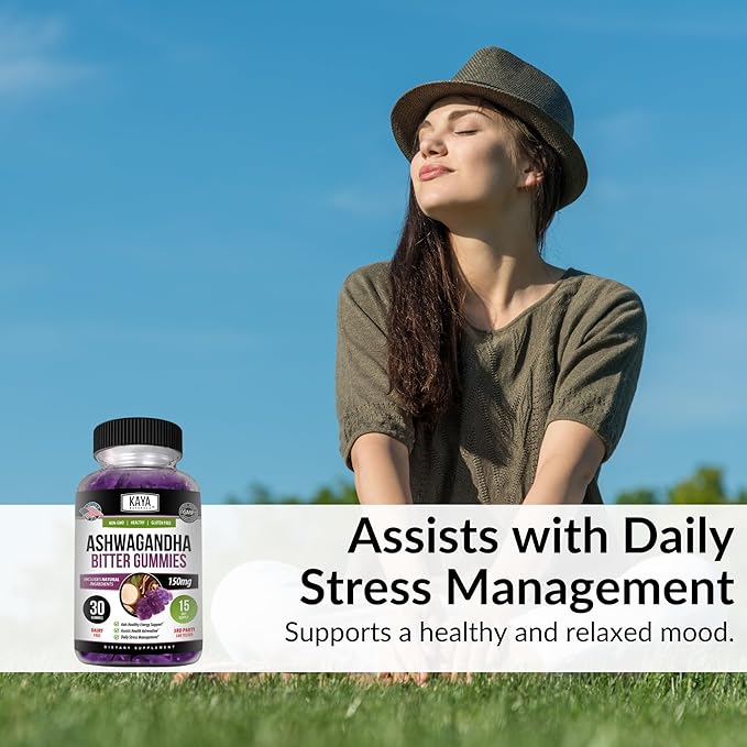 Kaya Naturals Ashwagandha Bitter Gummies - Natural Stress Relief, Boost Energy & Mental Clarity, Non-GMO, Gluten-Free, Chewable Gummies - 30 Count