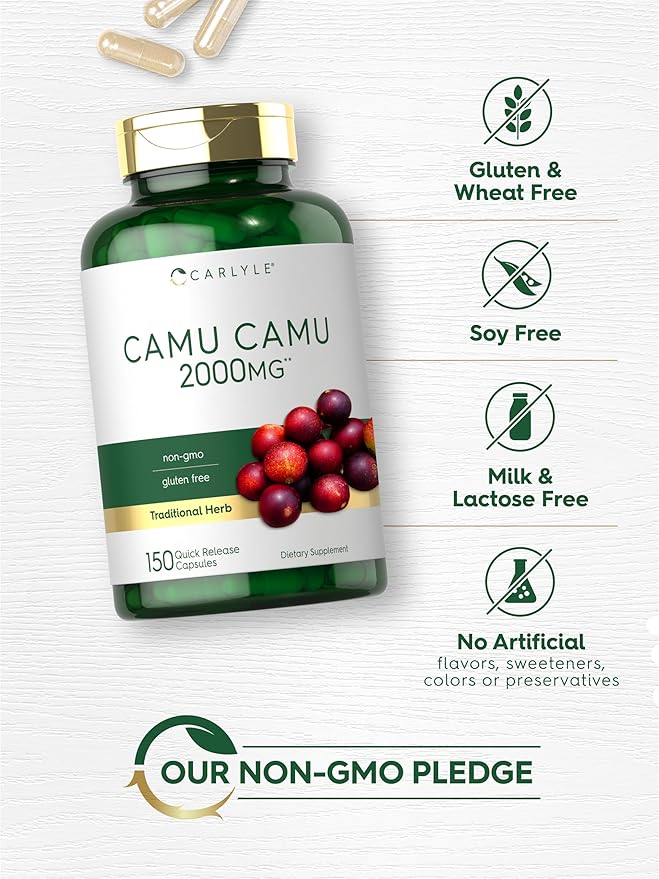 Carlyle Camu Camu Capsules 2000mg | 150 Count | with Vitamin C | Non-GMO, Gluten Free