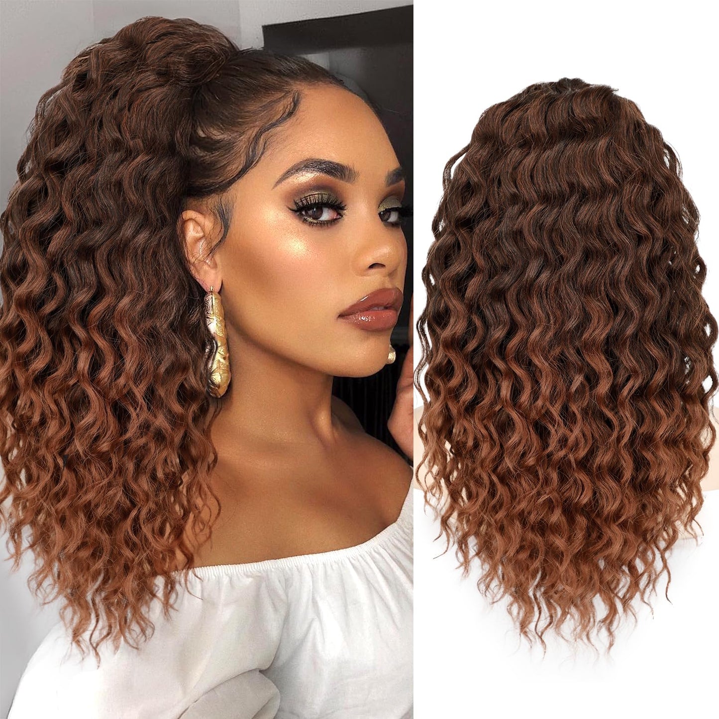 KooKaStyle Curly Ponytail Extension Fluffy Drawstring Ponytail Hair Extensions for Women Long Kinky Curly Wavy Pony Tail Synthetic Hairpiece for Daily Use(18Inch Natural Black Mixed Deep Orange)