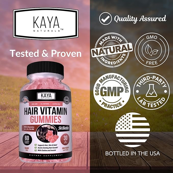 Kaya Naturals Hair Growth Gummies - Biotin 5000mcg Vitamins for Healthy Hair, Skin, and Nails - Beauty Supplement for Women or Men - 60 Count - Blueberry Flavor