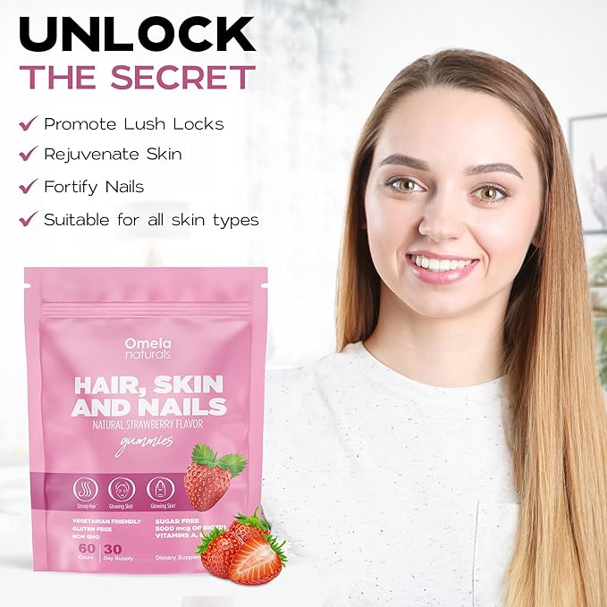 Hair, Skin and Nails Premium Gummies 60ct - Beauty Supplement with 5000mcg Biotin, Vitamins A, C, E, Zinc - Support Hair Growth, Healthy Skin & Strong Nails