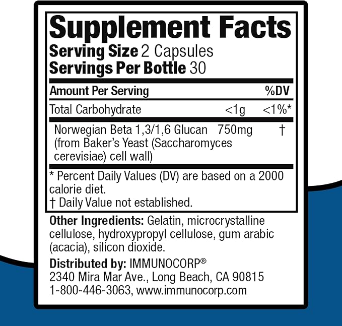 Immutol Immune Support Supplement with 750mg of Beta Glucan 1,3 1,6 - Natural Ingredients, High Potency to Boost Immunity and Overall Wellness, 60 Capsules (120)