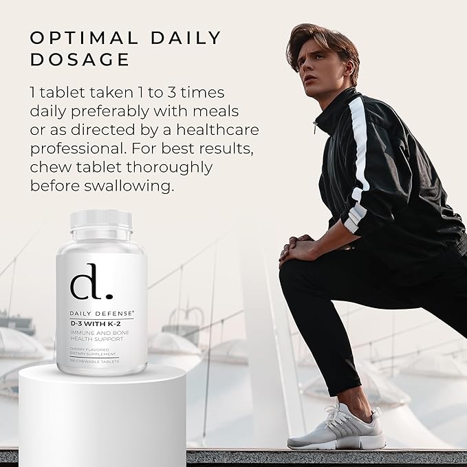 Immune Defense Supplements Vitamin D3 K2 2000IU for Heart Health, Daily Immune Support, Mental Clarity, & Muscle Function - 100 Chewable Tablets