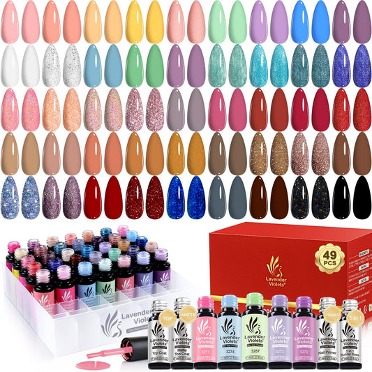 Lavender Violets 49 Pcs Gel Nail Polish Set, 45 Colors Gel Polish U V LED with Base, Glossy & Matte Top Coat for Nail Art Designs A907