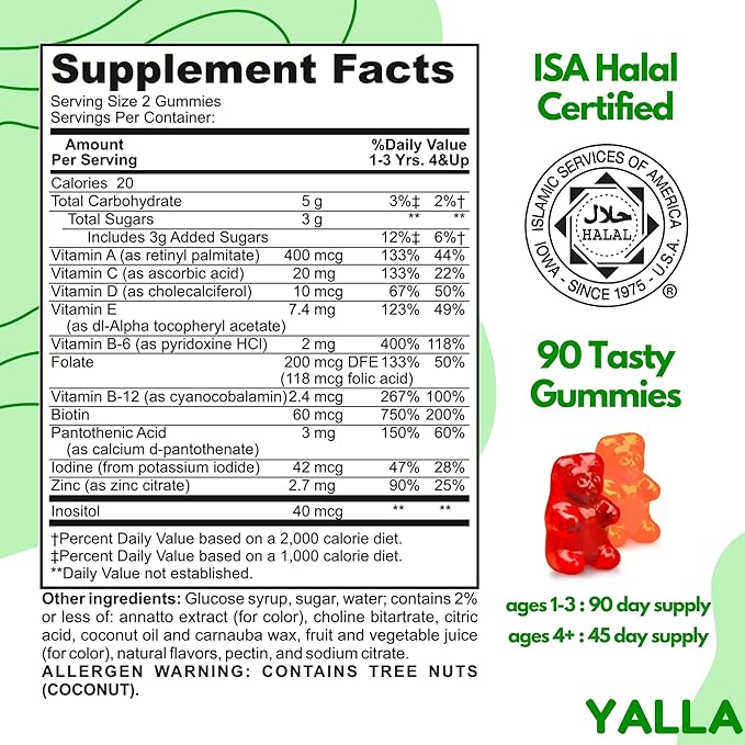 Halal Vitamins for Kids, Halal Kids Multivitamin Gummies, 45-90 Day Supply, Essential Vitamins with C, D3, Zinc for Immunity, B6 B12 for Energy, ISA Certified, Gelatin Free