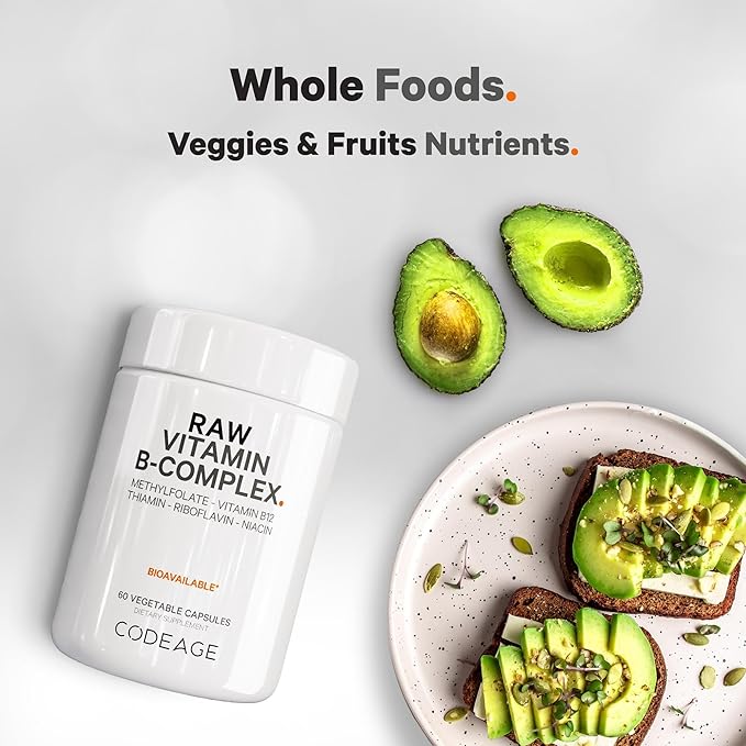 Codeage Raw Vitamin B-Complex Supplement - Essential B Vitamins with Probiotics, Digestive Enzymes, Fruits & Vegetables - 2-Month Supply - Methylfolate - Biotin - Vitamin B12 - Non-GMO - 60 Capsules