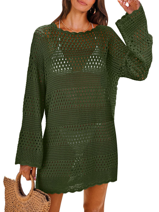 ANRABESS Women Swimsuit Crochet Swim Cover Up 2024 Summer Bathing Suit Swimwear Mesh Knit Beach Dress Vacation Outfits Army Green Small