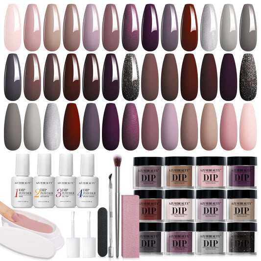 AZUREBEAUTY Dip Powder Nail Starter Kit Nude Pink Brown Grey Dipping Powder 20 Dark Light Trend Colors Recycling Tray Liquid Set Top Base Coat Activator for French Nail Art Manicure Salon