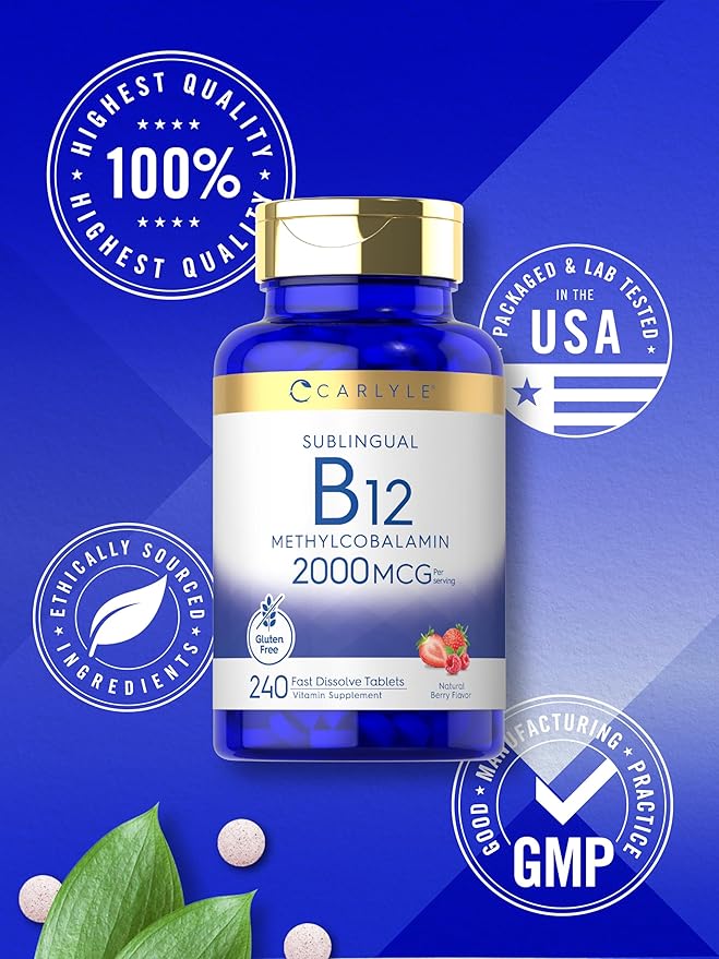 Carlyle B12 Vitamin 2000 mcg | 240 Fast Dissolve Tablets | Sublingual Methylcobalamin | Berry Flavor | Vegetarian, Non-GMO & Gluten Free Supplement