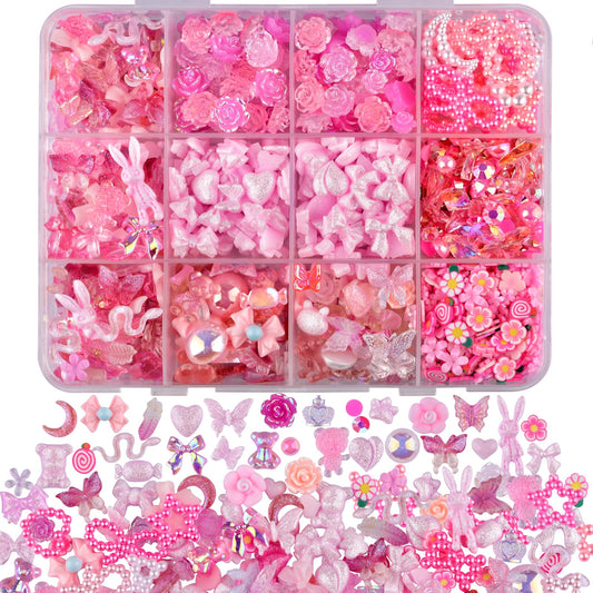 Kikonoke 850 Pieces 3D Butterfly Rose Flower Bow Rabbit Bear Nail Charms Kit with Nail Art Rhinestones Pearls Crystal Gems Nail Slices for Manicure DIY Crafts Jewelry Accessories (Pink)