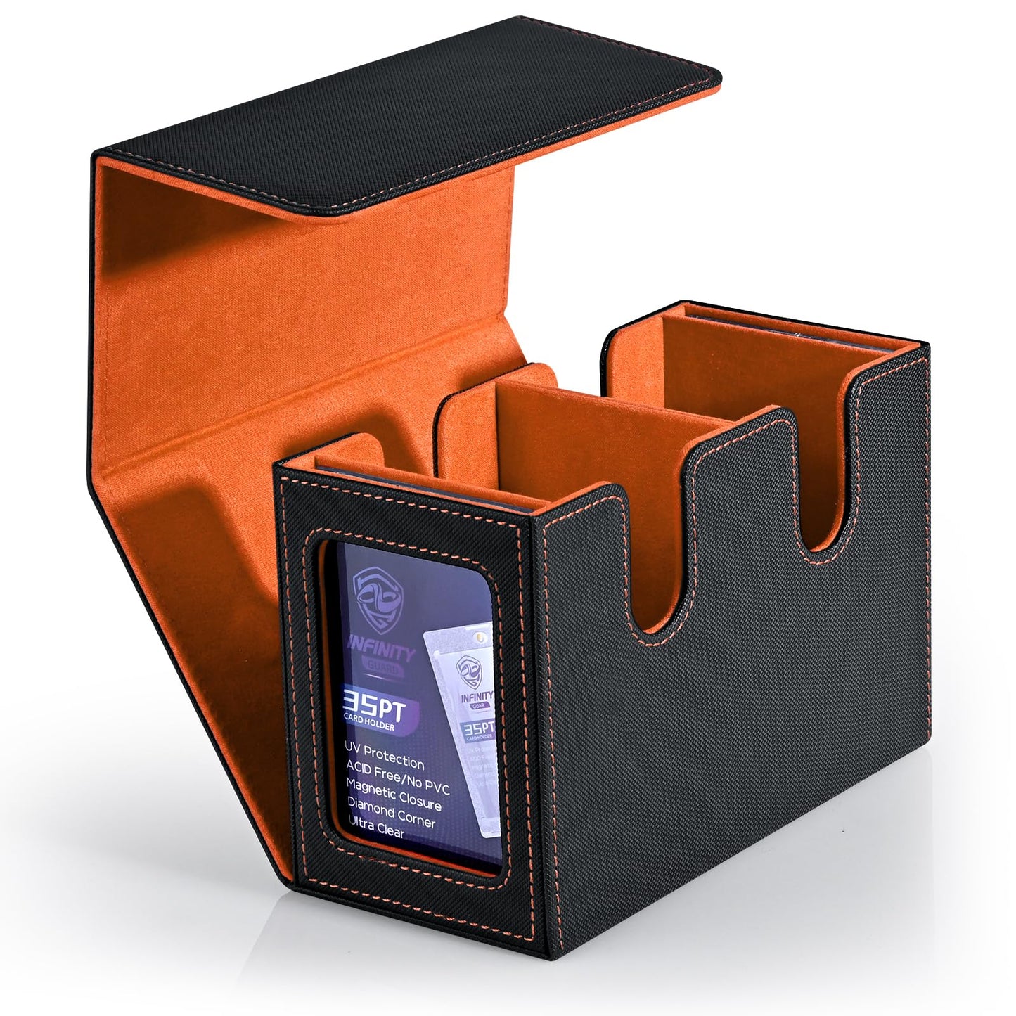 Infinity Guard MTG Deck Box with 2 Commander Display, Double Deck Box for 280+ Single Sleeved Cards, Leather Magnetic Card Storage Box Fits for TCG CCG Magic Cards (Black&Orange)