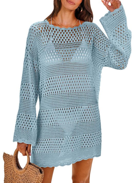 ANRABESS Women Swimsuit Crochet Swim Cover Up 2024 Summer Bathing Suit Swimwear Mesh Knit Beach Dress Vacation Outfits Sky Blue Small