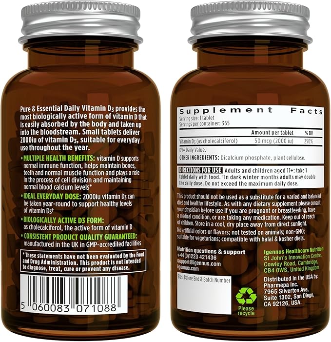 Daily Vitamin D3 + Ashwagandha+ L-Theanine & Magnesium Vegetarian Bundle, 365 2000iu Vitamin D3 Tablets + 600mg KSM-66 Ashwagandha with Zinc & B Vitamins, by Igennus