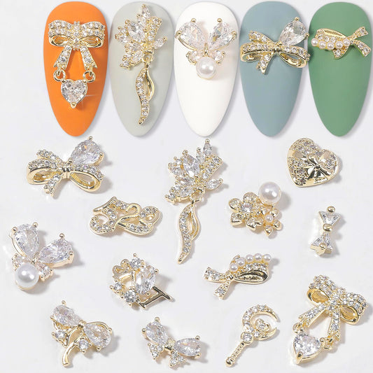HNUIX Nail Charms and Gems - Gold Copper Zircon, Multiple Shapes 3D Dangle, Metal Luxury Jewelry Rhinestones for Nails 14 Pieces