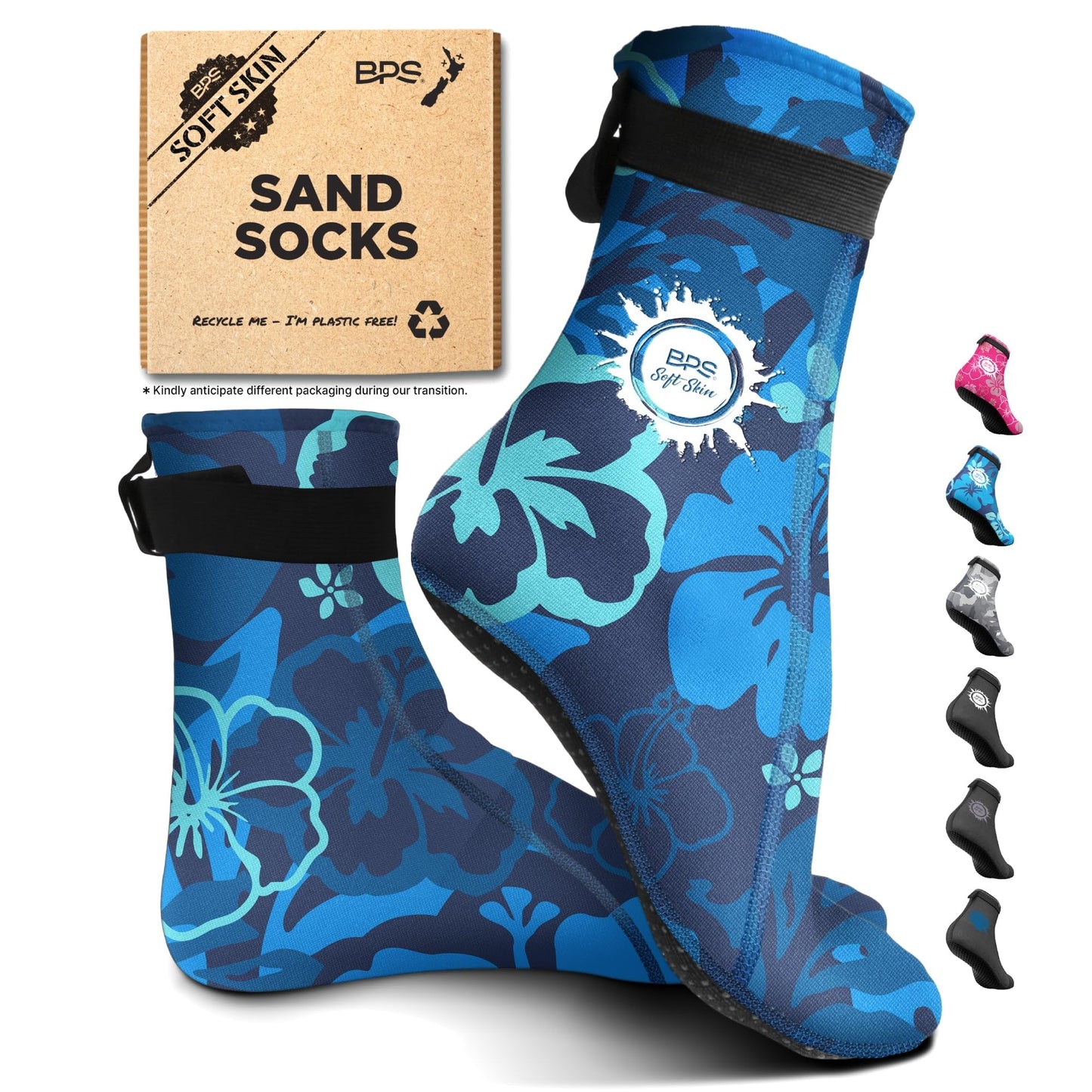 BPS Soft Skin Neoprene Water Socks (High Cut, Floral Blue with White Logo, S)