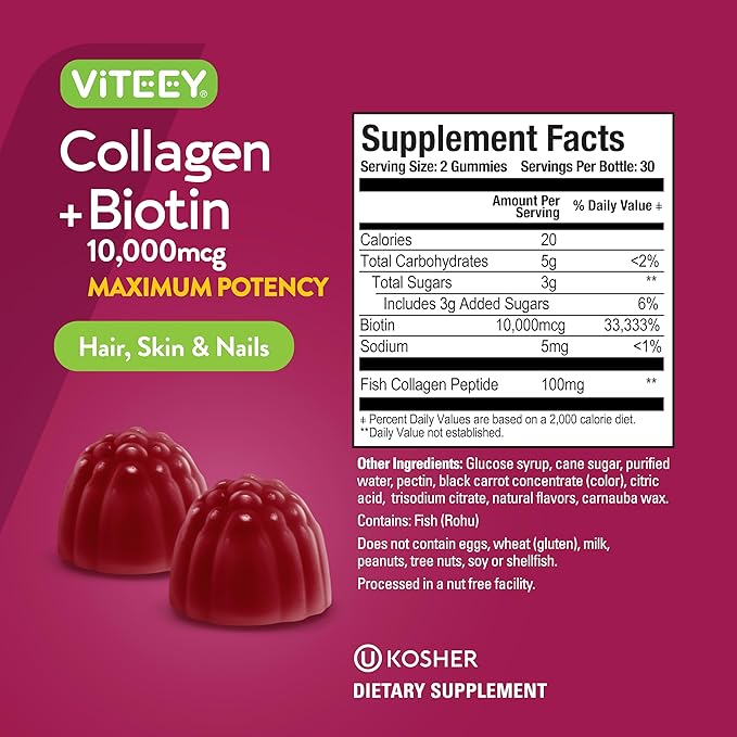 Collagen and Biotin Gummies for Hair Skin and Nails - Hair Growth Vitamins, Nail Growth, Skin Vitamins - Biotin and Collagen Gummies for Women, Men, & Teens - Tasty Chewable Raspberry Flavored Gummy