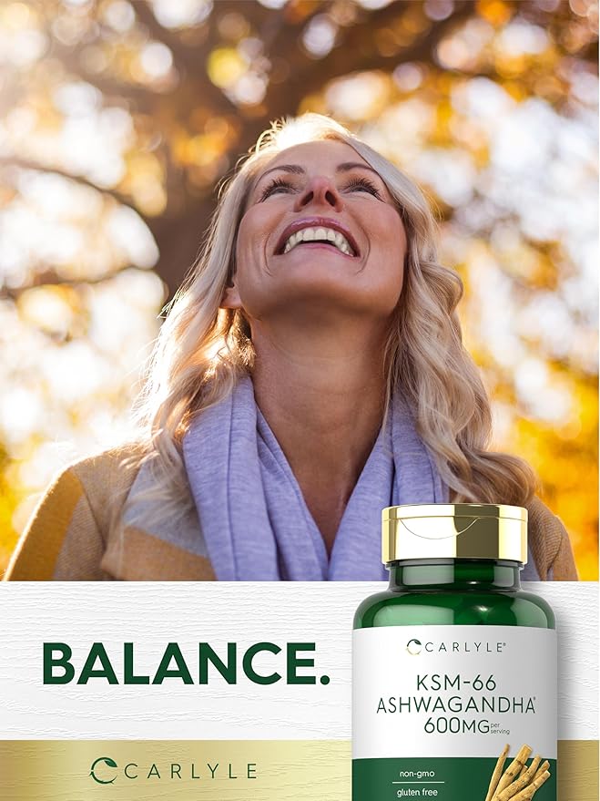 Carlyle KSM-66 Ashwagandha 600mg | 120 Caplets | Extract Supplement with L-Theanine | Vegan, Non-GMO, Gluten Free