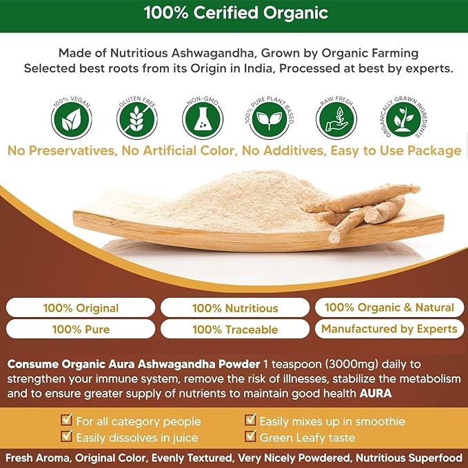 Certified Organic Ashwagandha Root Powder 16Oz -1Lb. Natural Stress, Brain and Immune Support. Enhances Overall Health. Raw Superfood. 100% Natural Herbal
