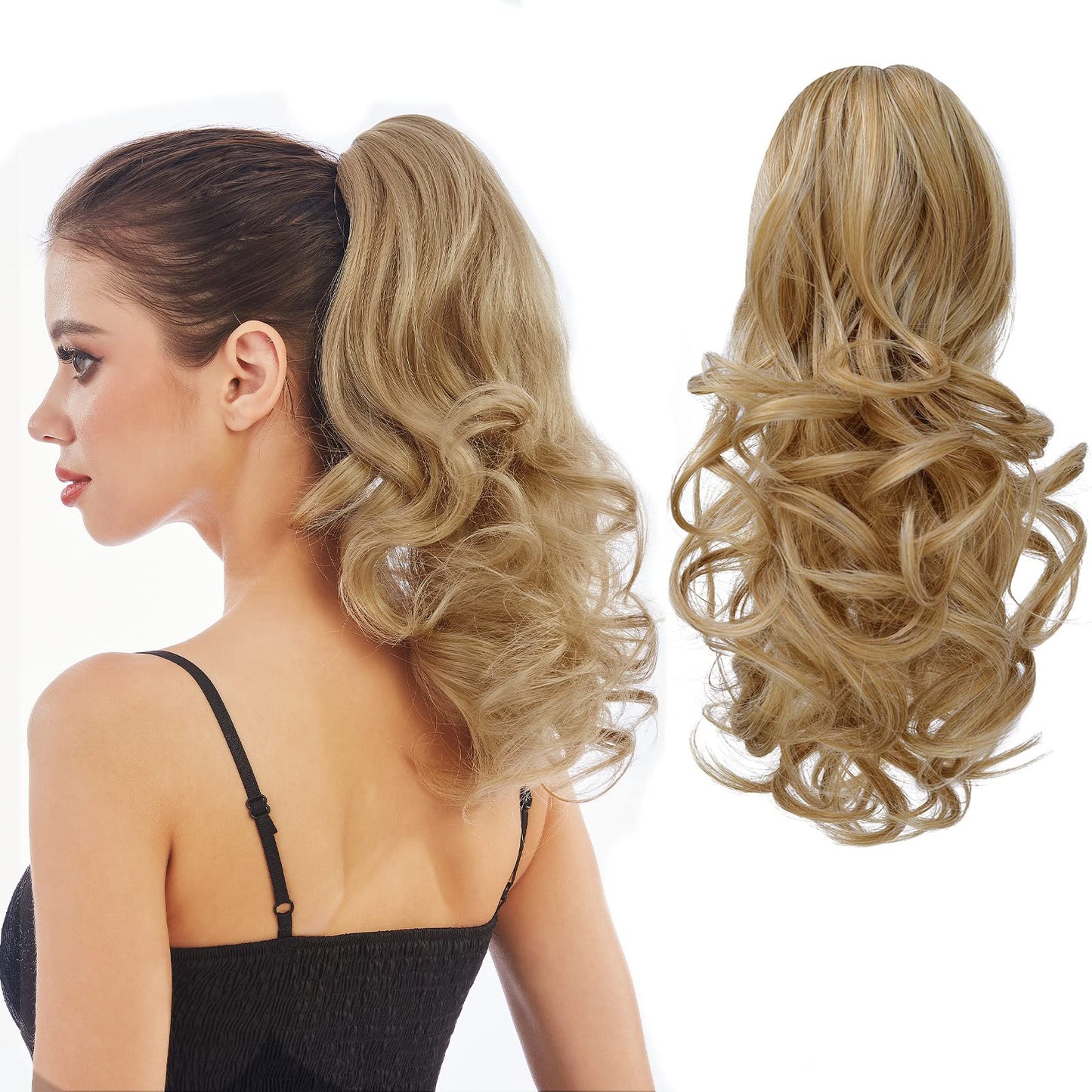 HEWEICSY Ponytail Extension, Hair Extensions Ponytail Claw 14" Wavy Fake Hair Curly Synthetic Ponytail Wig Clip Daily Fluffy Pony Tail Hair Piece for Women(Darkest Blonde)