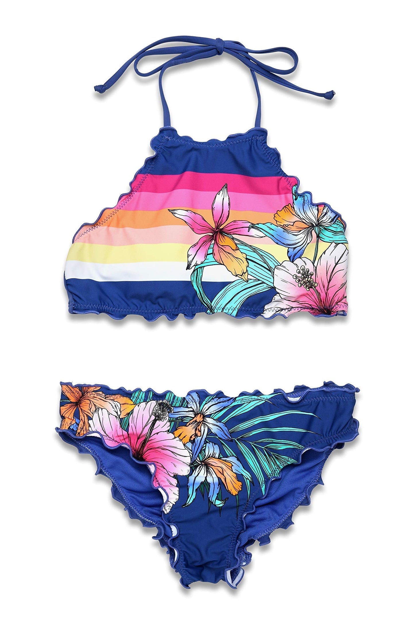 Hobie Girls' Big High Neck Bikini Top and Hipster Bottom Swimsuit Set, Surf//Tropic Sunset, 16