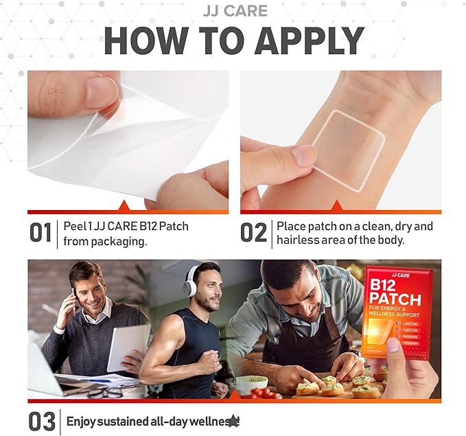 JJ CARE B12 Patch (Pack of 30), Self-Adhesive Natural Blend Topical Daily B12 Energy Patches, 1 Month Supply