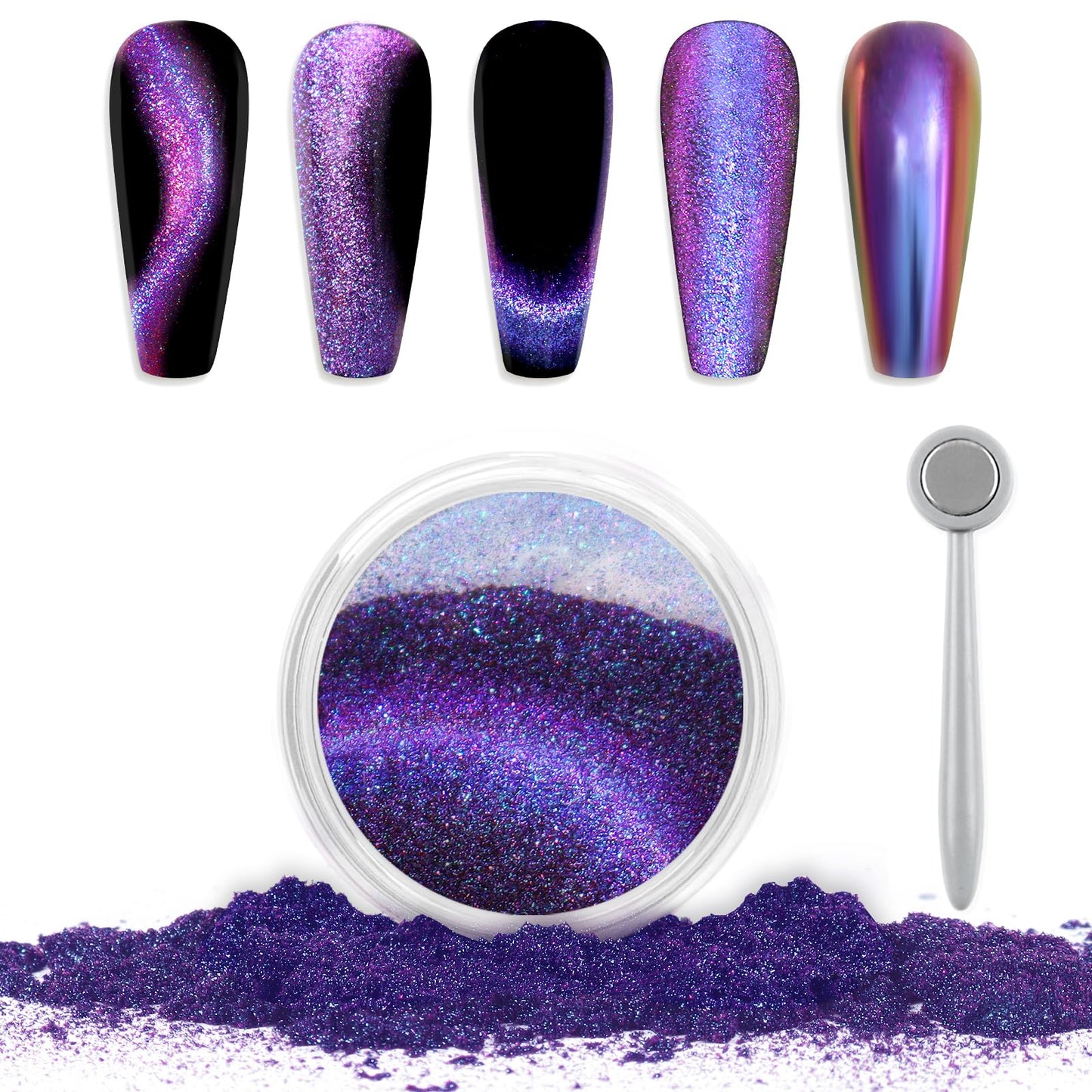 Laza Cat Eye Chrome Nail Powder Chameleon Magnetic Powder 9D Cat Eye Effect Mirror Effect Pigment Dust Magic Galaxy Holographic Effect Glitter with Magnetic Stick for Velvet Nail Art - Bluish Violet