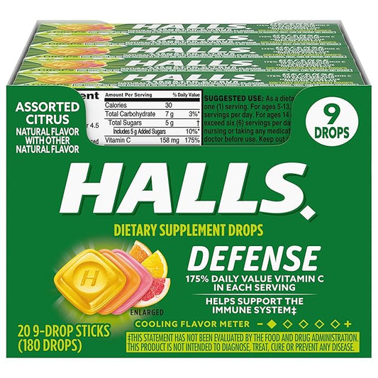 HALLS Defense Assorted Citrus Vitamin C Drops, 20 Sticks of 9 Drops (180 Total Drops)