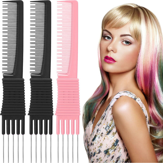 Leinuosen 3 Pack Teasing Combs with Metal Prong, Salon Back Combs with Stainless Steel Lift (Black, Pink)