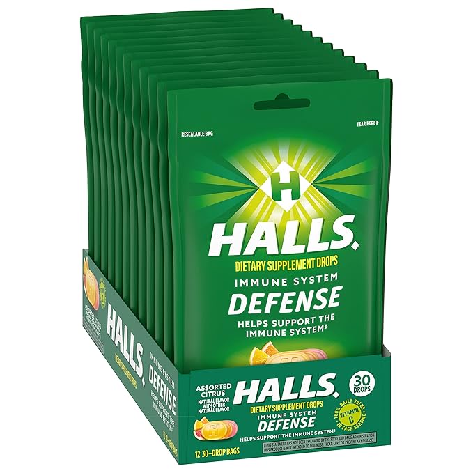 HALLS Defense Assorted Citrus Vitamin C Drops, Dietary Supplement Drops, 12 Bags of 30 Drops (360 Total Drops)