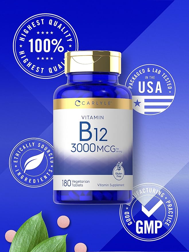 Carlyle B12 Vitamin 3000 mcg | 180 Tablets | Vegetarian Supplement | Non-GMO & Gluten Free