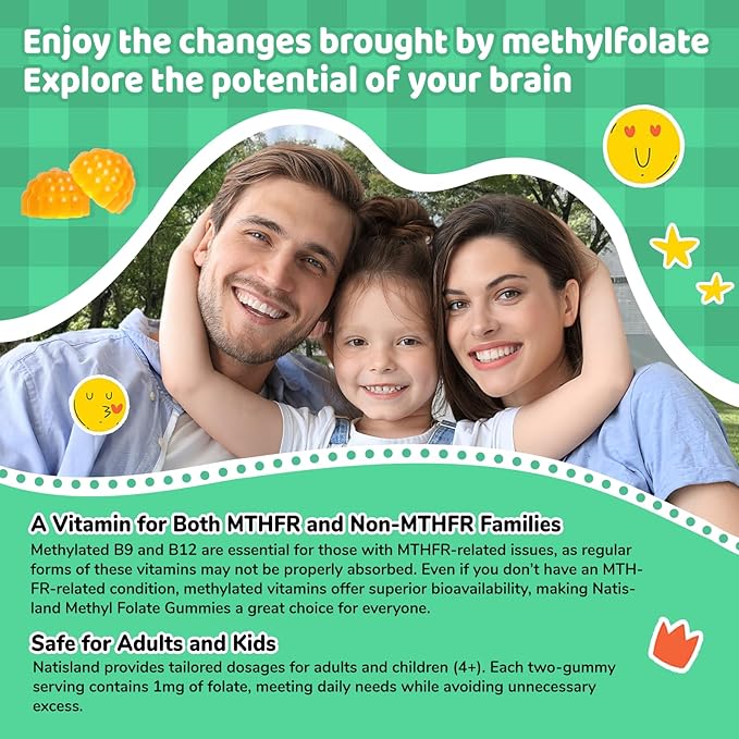 L Methylfolate Gummies, 5-MTHF 1mg Gummies for Kids & Adults - 4+, Methyl Folate and B12 supplement, Highly Absorbable MTHFR Supplement, Support Brain Health, Immunity, Kids Growth, 60 Count