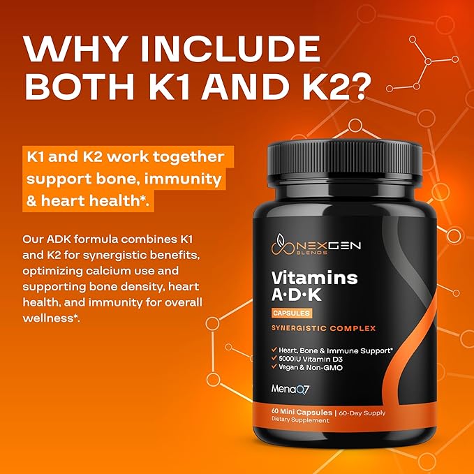 High Absorption ADK Vitamin Supplement - Vegan Vitamin D3 K2 MK7 & A for Calcium Regulation plus Bone Heart Thyroid & Immune Support - Vitamin ADK with 5000IU D3 Non GMO & Gluten Free (2 Months)