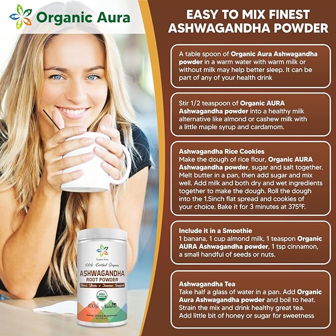 Certified Organic Ashwagandha Root Powder 8Oz -1/2Lb. Enhances Overall Health. 100% Pure Natural Herbal Supplement. No GMO. Gluten Free. Raw, Fresh and Original Withania somnifera.