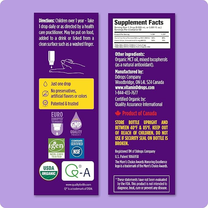 Ddrops® Kids Organic Liquid Vitamins – Daily Vitamins A&D Drops for Kids, 60 Drops. Supports Eye Health, Bone Development and Immune Function. Certified Organic, Non-GMOs, Allergy-Friendly